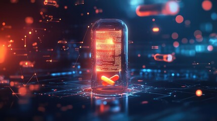 Fototapete - A symbolic depiction of a glowing pill bottle with digital information overlays