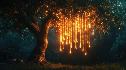 Poster - A symbolic tree of life with glowing ribbons hanging from its branches