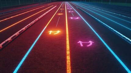 Poster - A top view of a running track with glowing fitness milestones marked on it