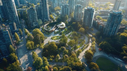 Poster - A vibrant city park featuring sustainable buildings and eco-friendly transportation