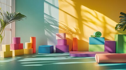 Poster - A vibrant collection of yoga blocks, mats, and straps in a sunny workout room