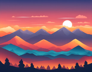 Sticker - Sunset mountains landscape background, colorful gradation sky, flat mountain background