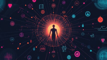 Poster - A vibrant poster featuring health tracking icons connected to a glowing central hub