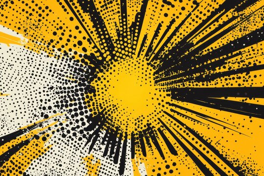 Abstract yellow comic book style background with halftone dots and rays, vintage retro sunburst design vector illustration