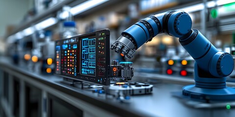 Poster - A robotic arm interacts with a high-tech control panel in a modern industrial setting.