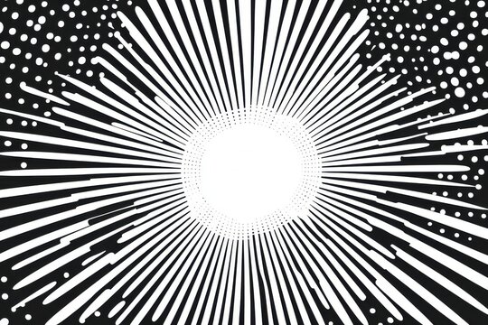 Black and white halftone background with sun rays, vector illustration. Pop art style. White space in the center for text or design. Abstract comic book effect background