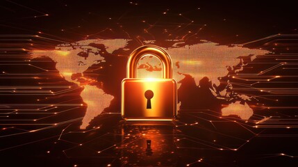 Poster - digital lock over a world map, symbolizing cybersecurity
