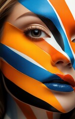 Close-up of a woman's face painted with vibrant and dynamic geometric patterns, showcasing a striking blend of orange, blue, and black colors.