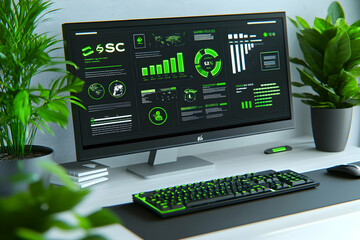 Poster - Modern workspace with green keyboard, plants, and data analytics display.