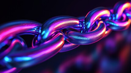 Poster - A vibrant close-up of metallic chains illuminated with neon colors against a dark background, showcasing intricate details and reflections.