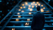 © Maksym Tereshchenko - A digital businessperson standing at the bottom of a coin staircase marked with 'AI' symbols, planning their ascent to wealth