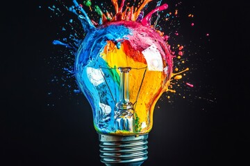 Poster - Colorful Explosion of Paint Inside a Light Bulb Creating a Vibrant and Artistic Representation of Creativity and Energy in a Dark Background
