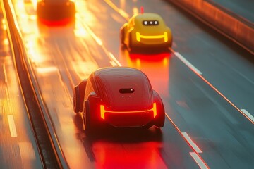 Poster - Autonomous red and yellow vehicles utilize sensor technology for safe highway distance management