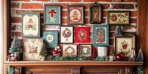 Wall Mural - Medium shot of multiple Christmas cards on a mantelpiece, each with different holiday designs, creating a colorful and festive display.