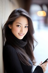 Wall Mural - Smiling young Asian woman with long black hair holding a smartphone, wearing a black sweater, AI