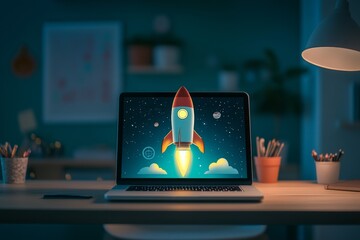 Poster - Digital illustration of a colorful rocket launching into space on a laptop screen in a modern workspace with plants, stationery, and ambient light, showcasing creativity and innovation