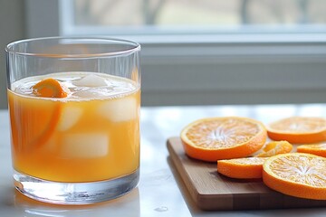 Wall Mural - A refreshing orange drink with ice, accompanied by sliced oranges on a wooden board.