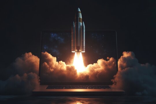 Digital Transformation and Innovation Concept, Rocket Launching from Laptop, Symbolizing Technology Advancement and Future Possibilities, Night Scene
