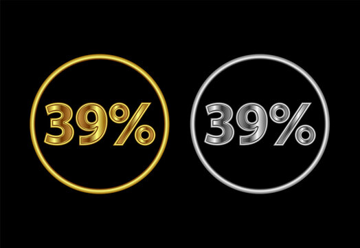 39 percent icon, 39 percent sign symbol in gold and silver color
