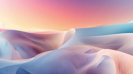 Fototapete - Pastel Dream: Soft, flowing fabric in pastel shades of blue, pink, and orange creates a dreamy, ethereal landscape under a sunrise sky.  The image evokes a sense of calm and tranquility.