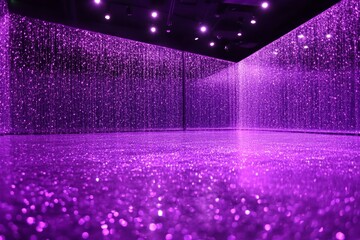 Poster - Enchanting Purple Light Reflection in a Glittering Space with Shimmering Droplets on the Floor and Walls for a Dreamy Artistic Atmosphere