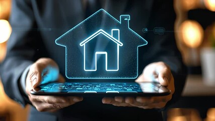 Poster - Holding digital house icon above tablet in modern office environment
