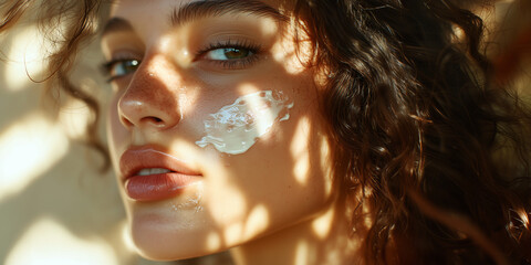 Wall Mural - beauty female woman close up detail skin care applying hydrating nourishing cream smear serum on fac
