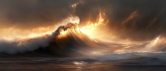 Aufkleber - Dramatic Ocean Wave at Sunset with Fiery Clouds and Glowing Light, Capturing Nature's Power and Beauty in a Serene Seascape Environment