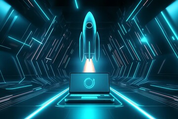Poster - Futuristic Digital Workspace with Glowing Laptop and Rocket Launching in Neon Environments, Representing Innovation, Technology, and Progress in a Sci-Fi Setting