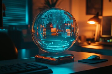 Poster - Futuristic illuminated globe showcasing a digital cityscape with vibrant colors, situated on a desk in a modern workspace at night, emphasizing technology and innovation.