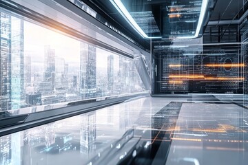 Poster - Futuristic Interior of Modern Office Space with High-Tech Interfaces and Cityscape Views Through Large Windows in a Bright and Sleek Environment