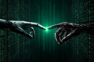 Poster - Futuristic Representation of Human and Robot Interaction with Glowing Code Background, Symbolizing Connections Between Technology and Humanity in a Digital Era