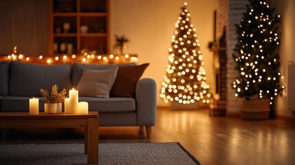 Wall Mural - cozy holiday living room with festive decorations and lights