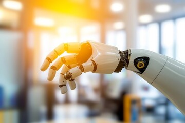 Poster - Futuristic Robotic Hand with Advanced Mechanics Reaching Out in Modern Workspace, Symbolizing Technology and Innovation in Robotics and Automation