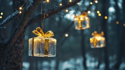 Poster - Glowing gift boxes, clear as ice with golden bows, hang from tree branches, illuminated by soft twinkling lights, set against a picturesque winter forest