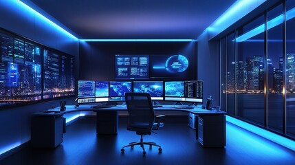Poster - Modern Workspace Design with Dual Monitors and Ergonomic Chair