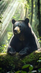 Poster - Asian black bear in lush forest surrounded by sunlit trees, wildlife and nature concept