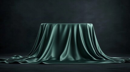 Poster - A luxurious green fabric flows gracefully over an invisible surface, creating an aura of sophistication. The dark background enhances the richness of the texture and color, inviting curiosity