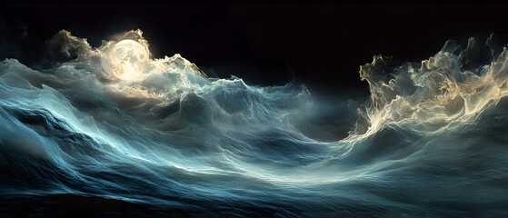 Poster - Ethereal Night Ocean Waves under Glowing Moonlight with Dramatic Clouds and Surging Tides in a Mysterious Seascape Depicting Nature's Power and Beauty