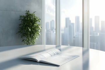 Poster - Open brochure on modern office table with city view.