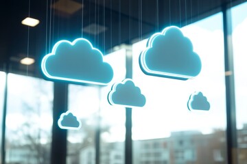 Poster - Modern Conceptual Clouds in a Contemporary Office Environment Representing Technology and Innovation, with Natural Light Creating a Calm Atmosphere