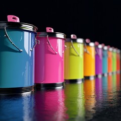 Poster - Set of color paint cans, Closeup render 3d