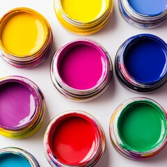 Fototapete - Opened paint can on white background, top view, Yellow, red, blue, purple, green, pink paint can. Paint cans of different colors. Paint, inkwell. colored paints