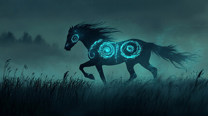 Wall Mural - A horse with glowing spiral designs in midnight blue and teal, galloping across a field of tall grass, its light casting reflections on the dew-soaked earth. 