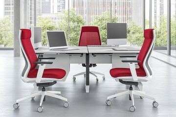 Poster - Modern Office Workspace Featuring Stylish Red Chairs and Sleek Computer Monitors with a Bright, Spacious Background of Cityscape and Greenery