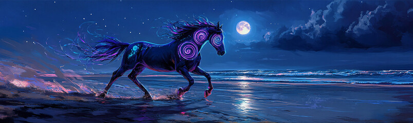 Wall Mural - A horse with luminescent spiral tattoos in sapphire and violet, galloping across a moonlit beach, its glowing mane reflected in the wet sand. 