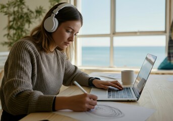 Poster - Designer wearing headphones working from home using laptop and drawing on paper by the sea