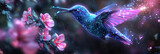 A hummingbird covered in bioluminescent floral tattoos in jade and violet, hovering over glowing flowers in a mystical garden. 