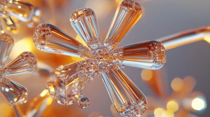 Poster - Stunning close-up of intricate glass-like crystal formations radiating warm golden hues, showcasing detailed textures and reflections under soft ambient lighting in an artistic composition.