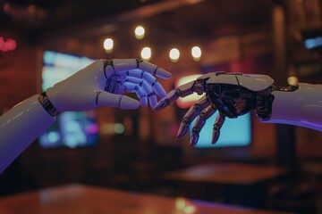 Poster - Robotic Hands Reaching Towards Each Other in an Artistic Representation of Connection and Technology with a Softly Lit Background